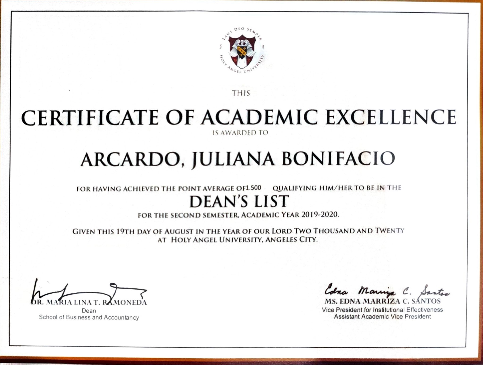 DEAN'S LISTER CERTIFICATE