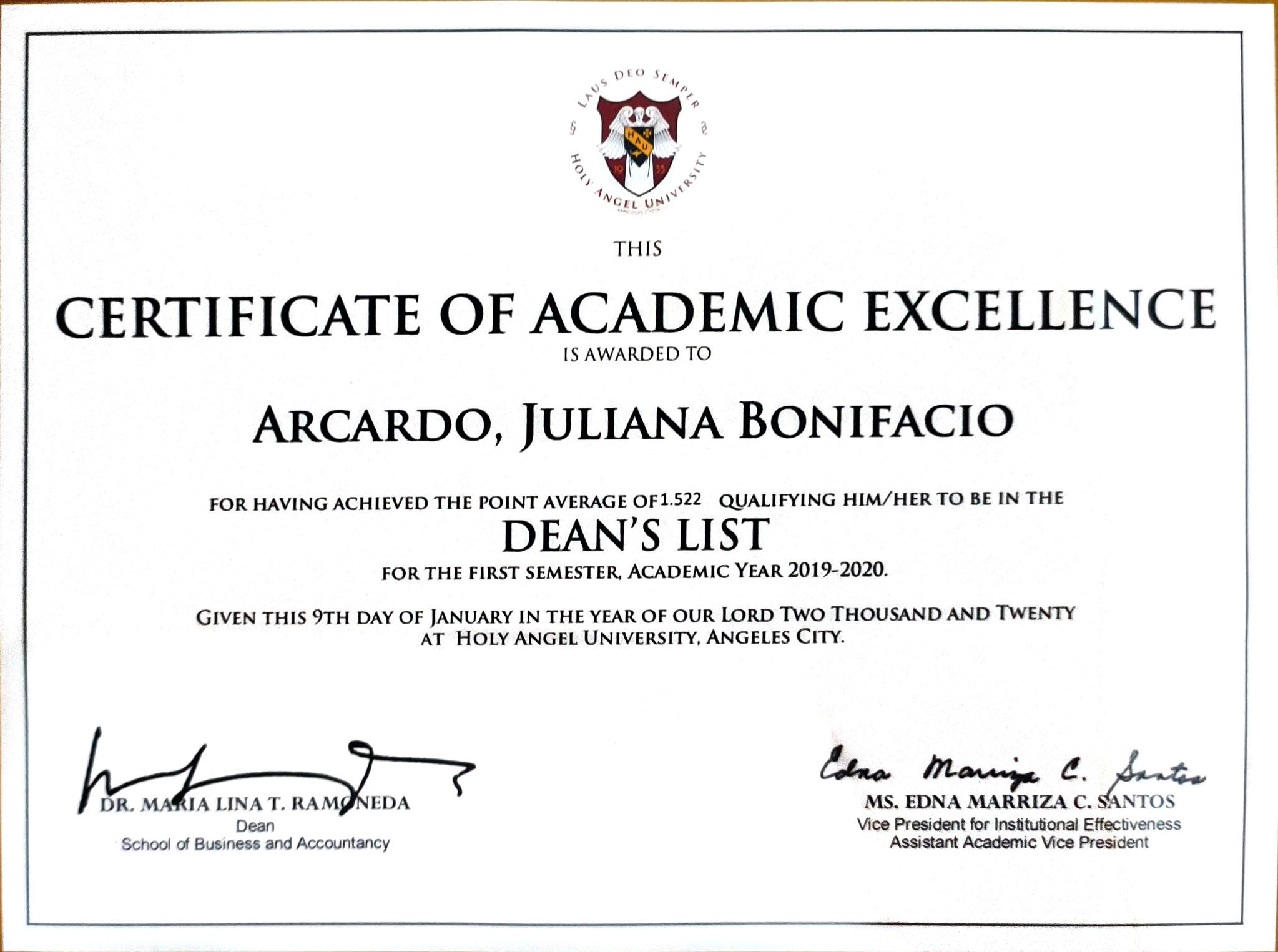 DEAN'S LISTER CERTIFICATE