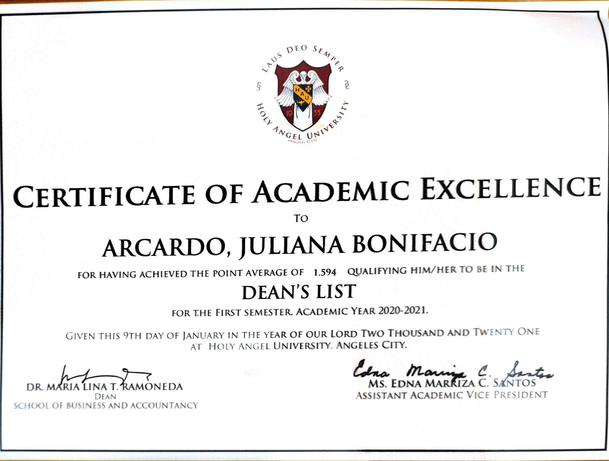 DEAN'S LISTER CERTIFICATE