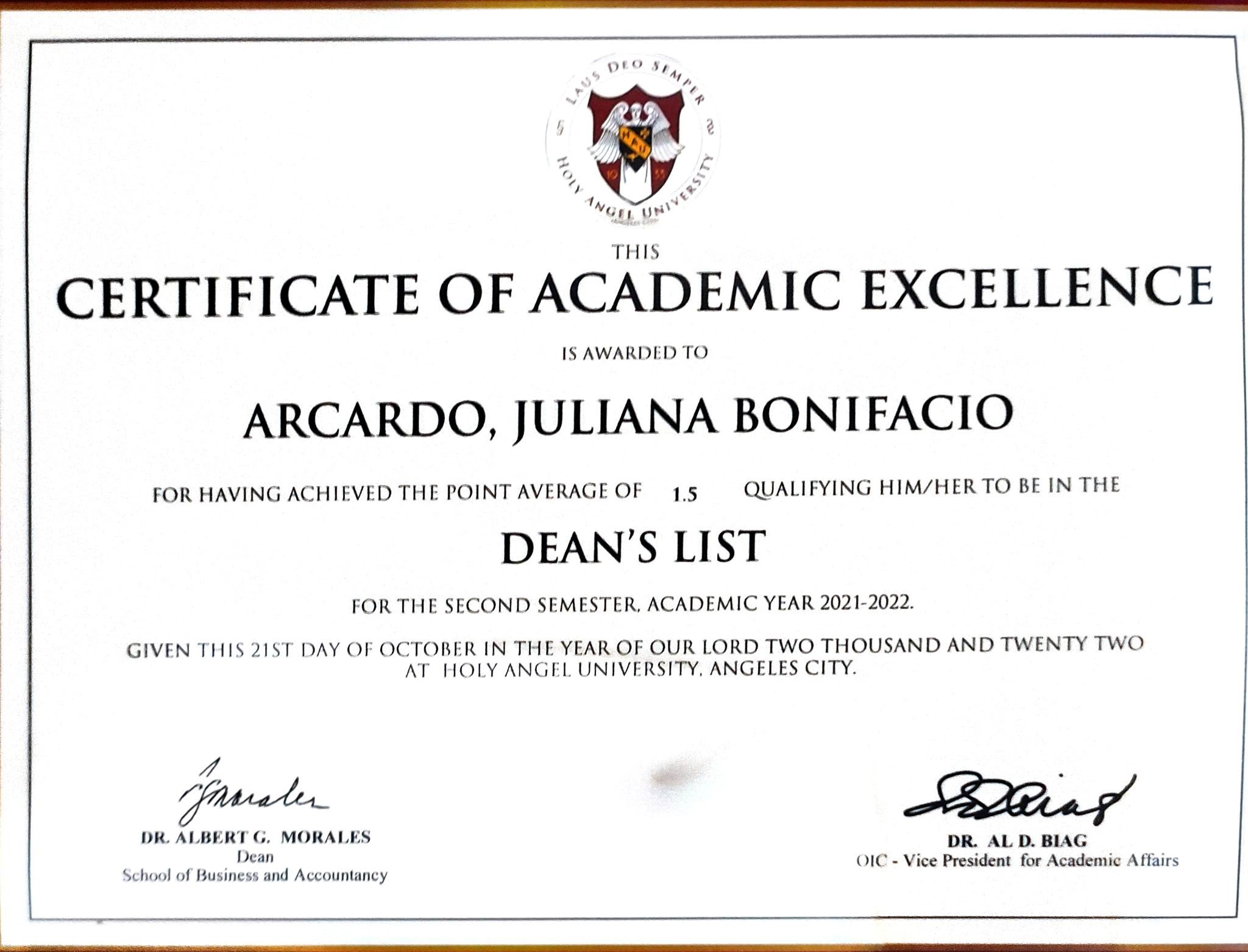 DEAN'S LISTER CERTIFICATE