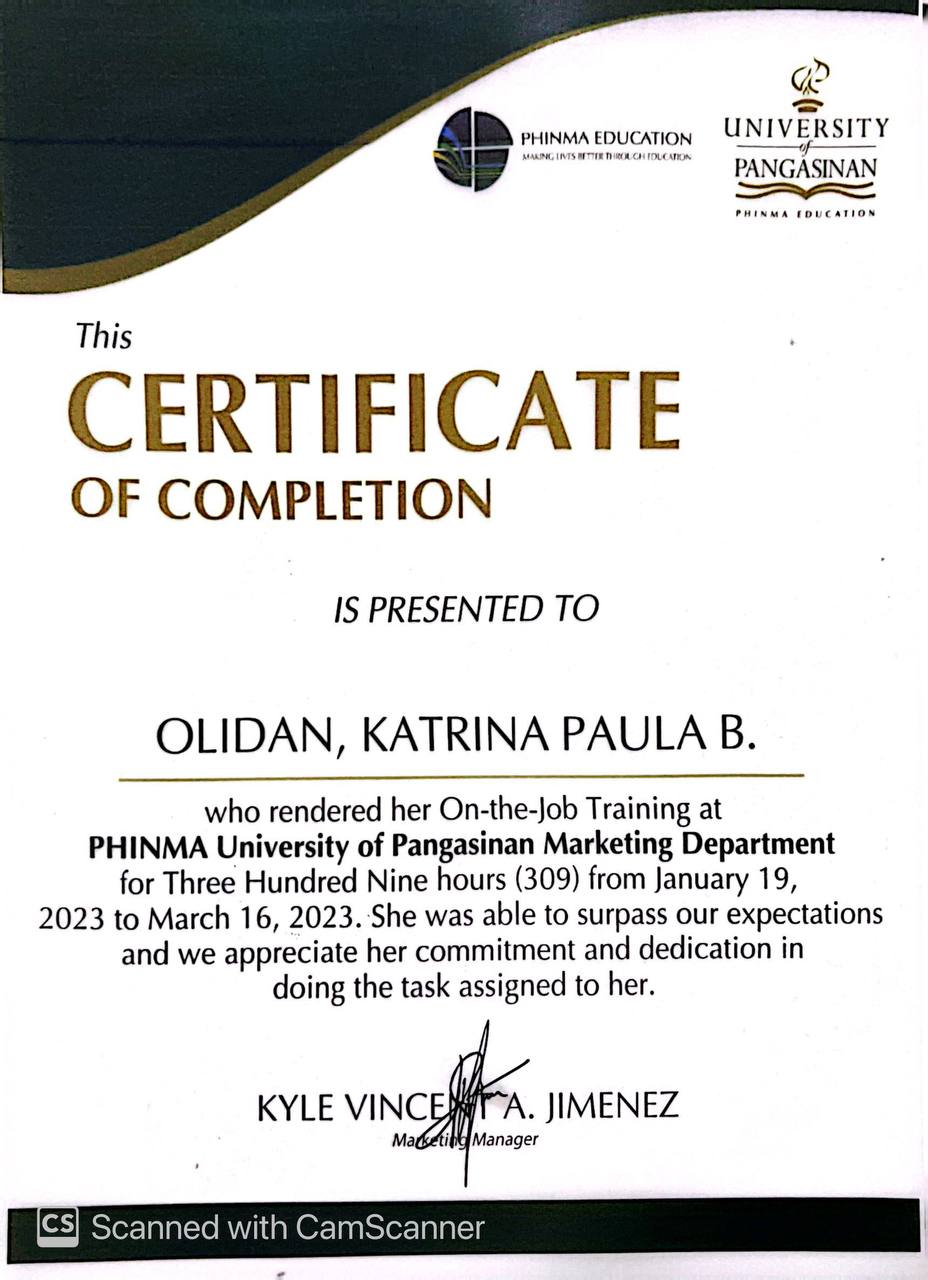 Certificate of Completion in Internship