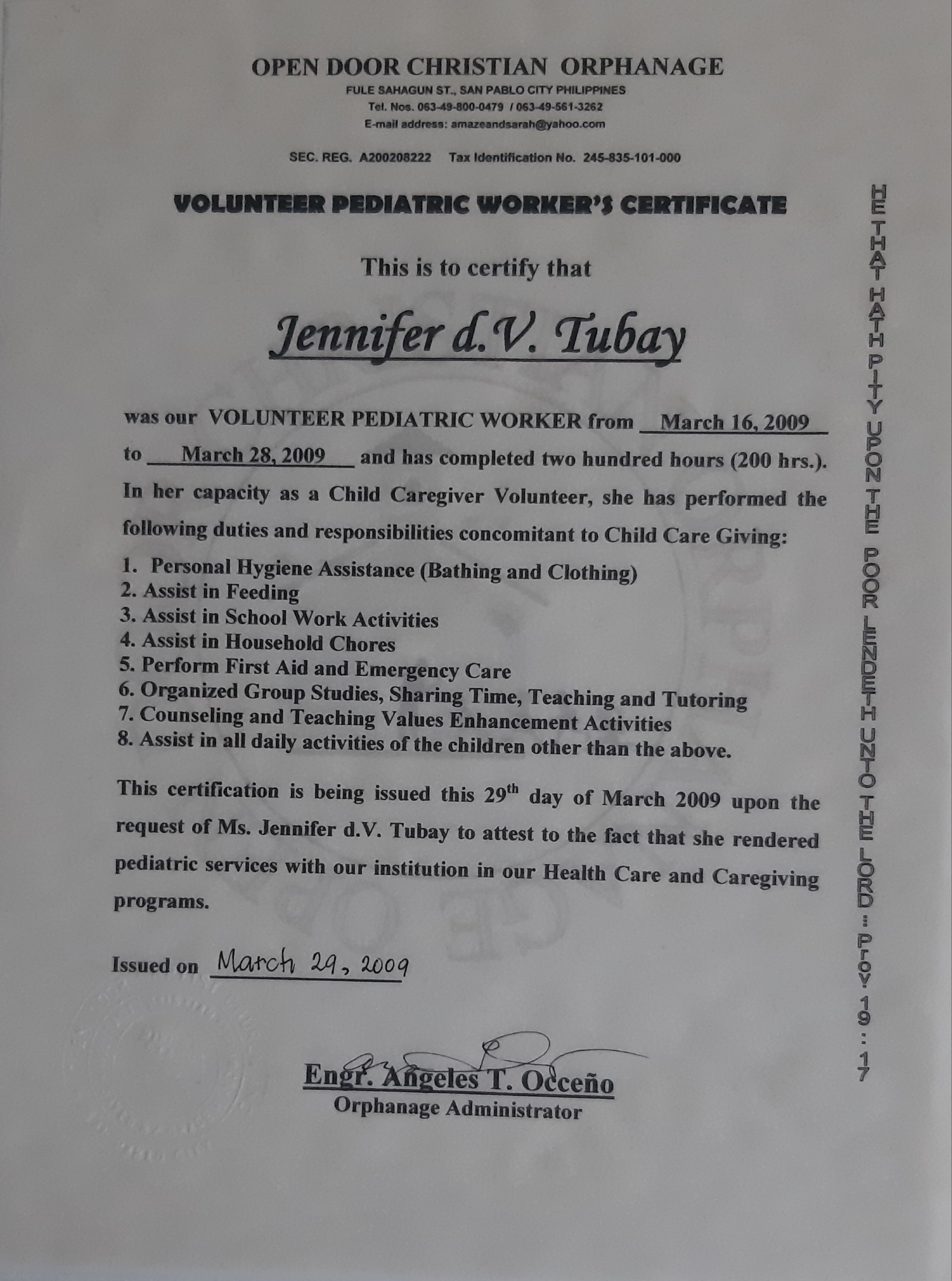 Volunteer Pediatric Worker's Certificate