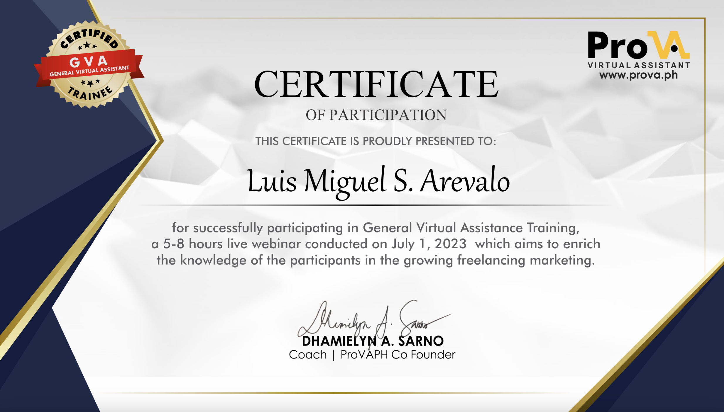 General Virtual Assistant training certificate from ProVA