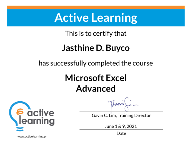 Certificate of Completion (Microsoft Excel Advanced Training)