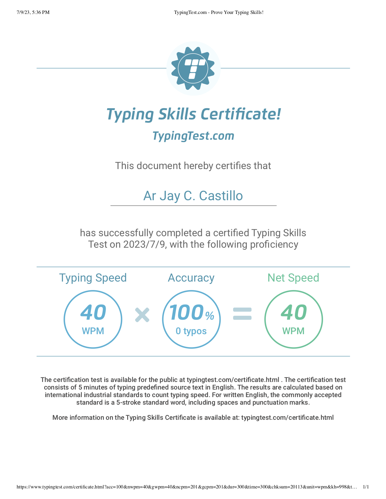 Typing Skills Certificate