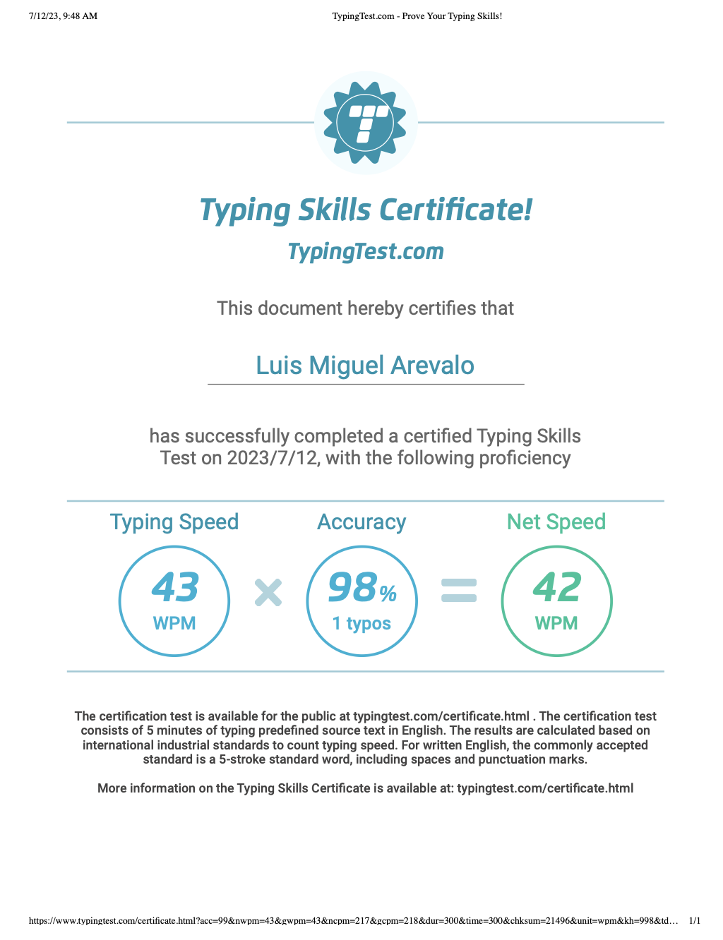 Typing test Certificate