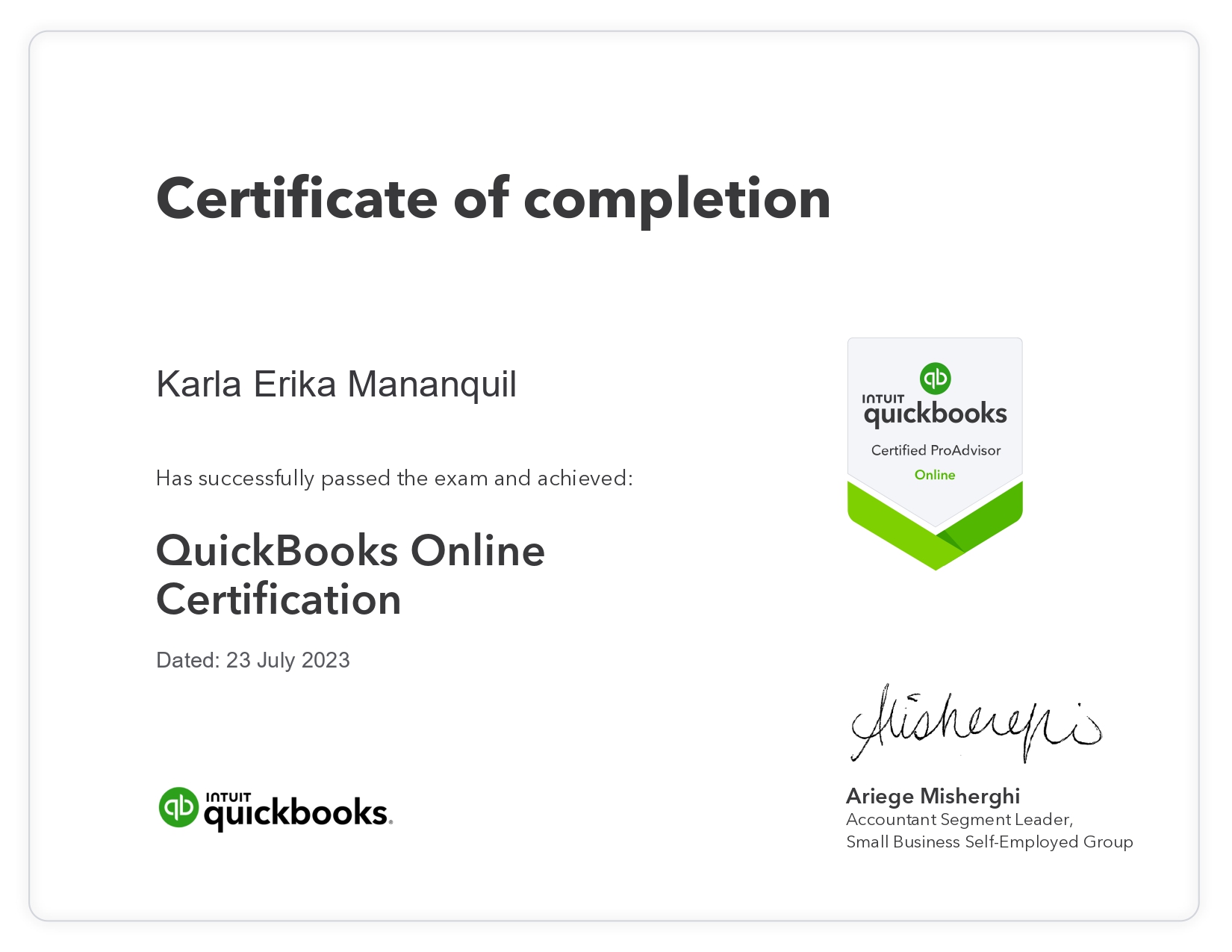 QUICKBOOKS ONLINE CERTIFICATE