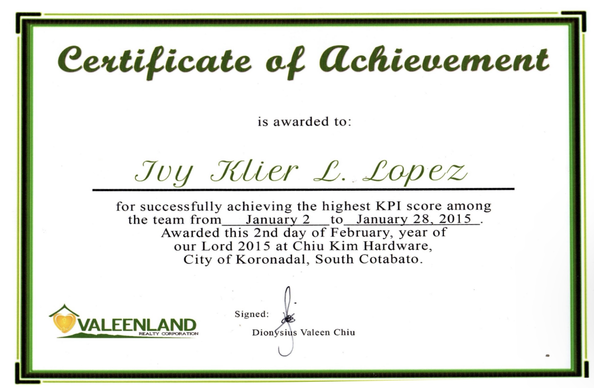 Valeenland Realty Corp - Document Controller