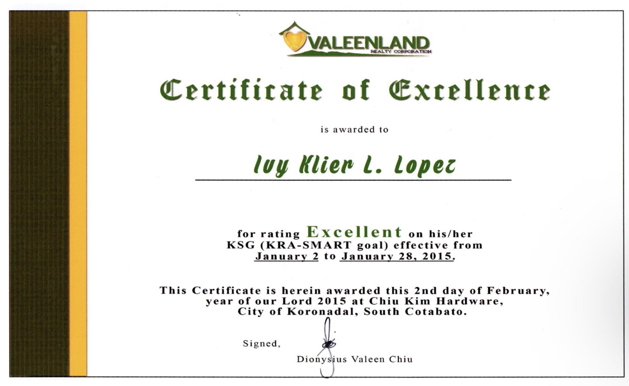 Valeenland Realty corporation - Document controller