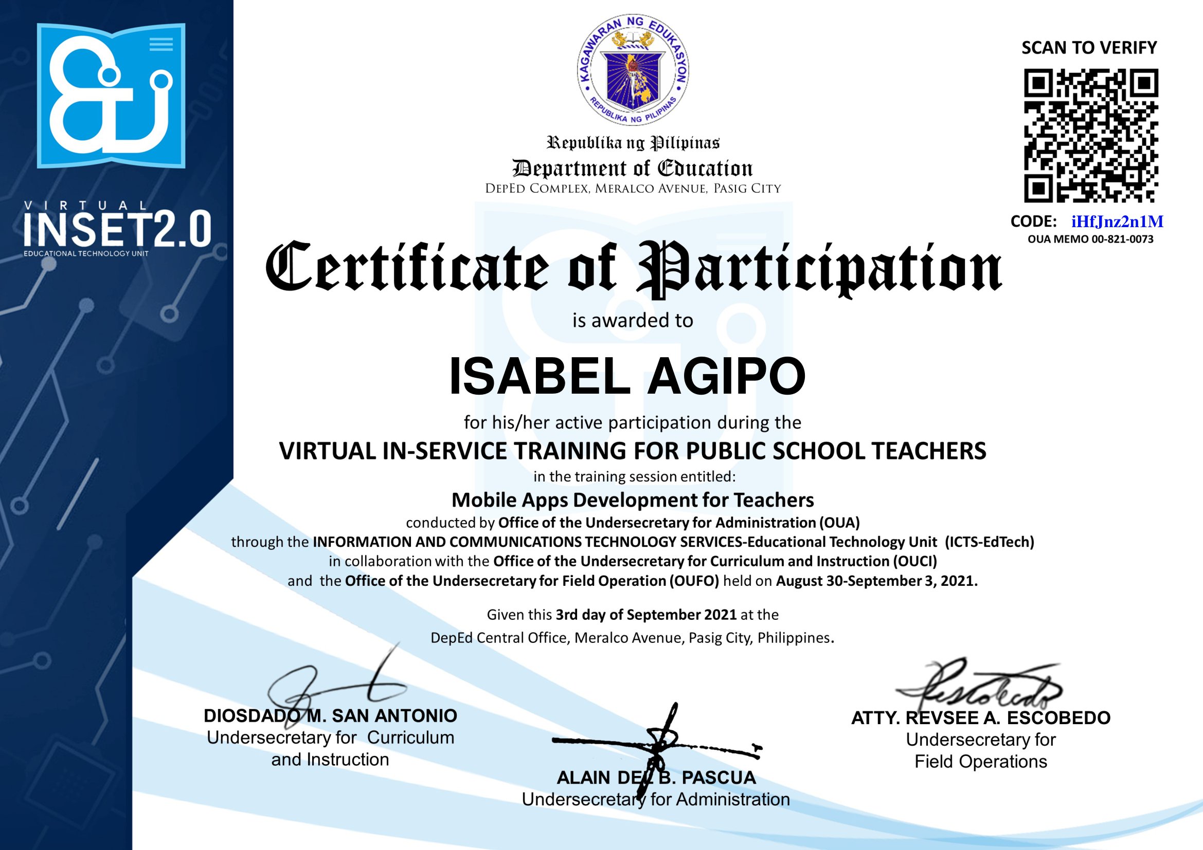 Virtual In- Service Training for Teachers- Training Title: Mobile Apps Development for Teachers