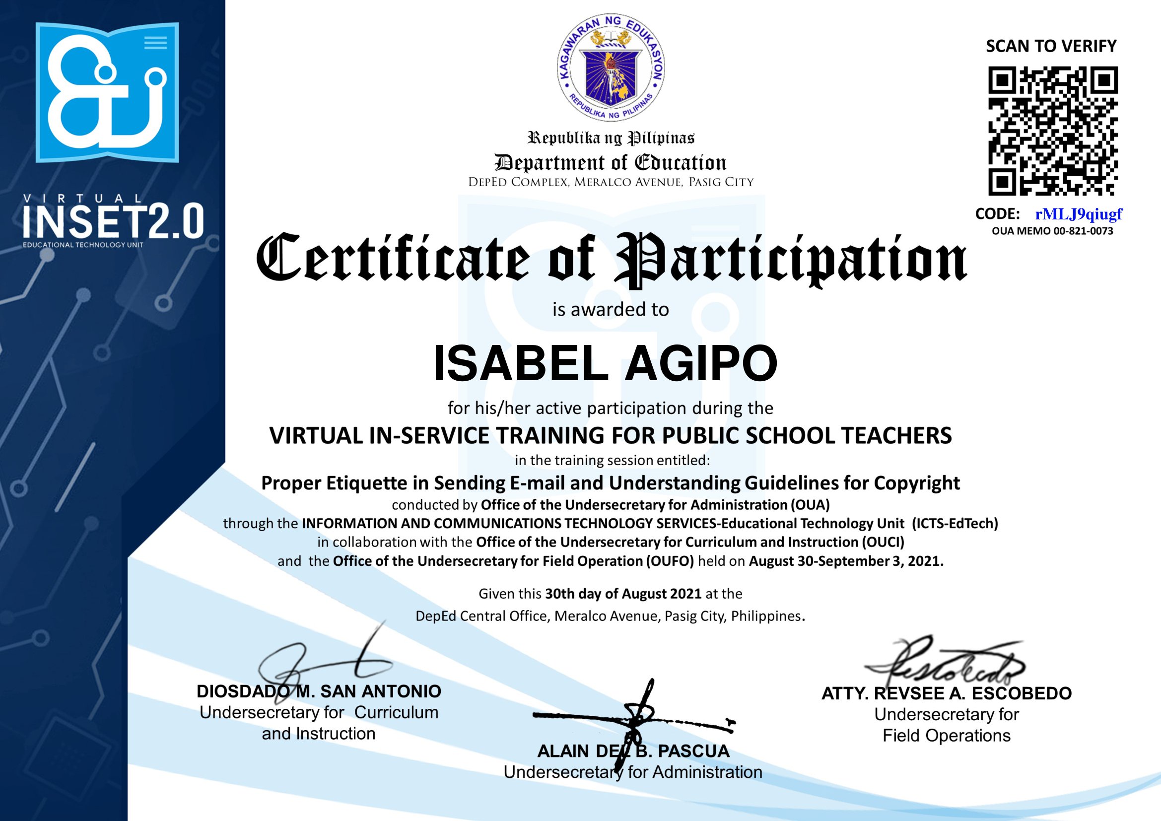 Virtual In- Service Training for Teachers- Training Title: Proper Etiquette in Sending E-mail and Understanding Guidelines for Copyright