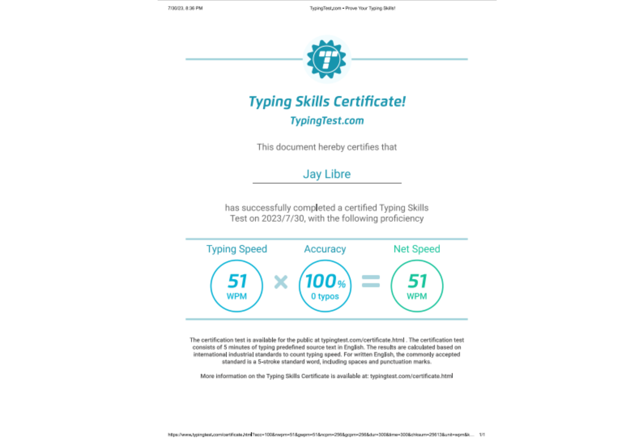 Typing Skills Certificate