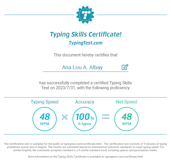 Typing Test Certificate