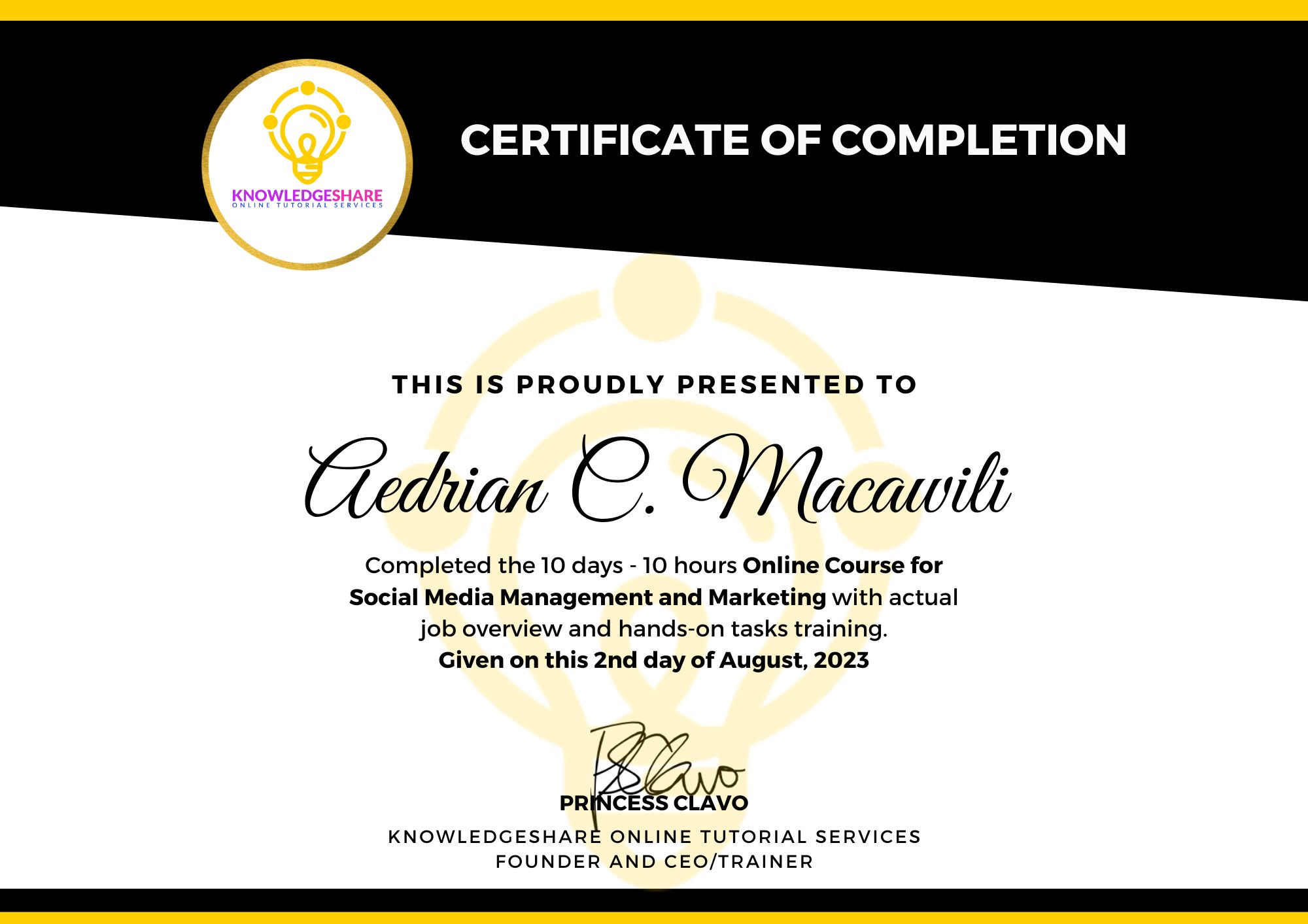 Certificate for Social Media Management and Marketing