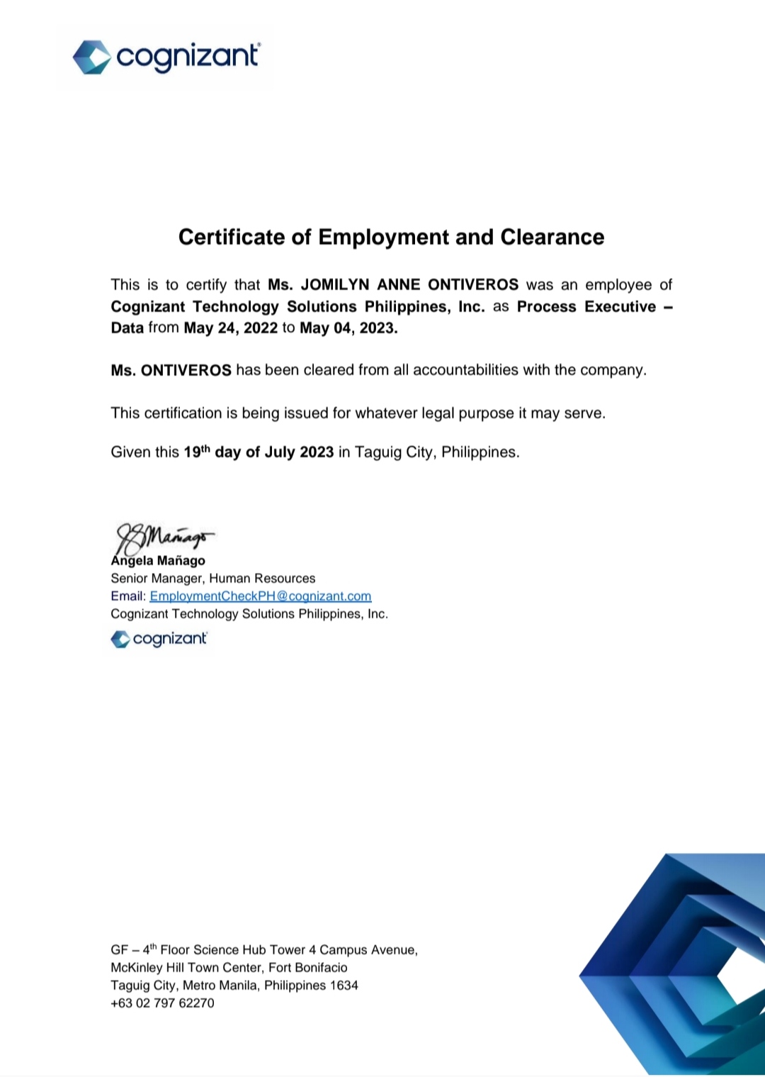 Cognizant Employment Certificate