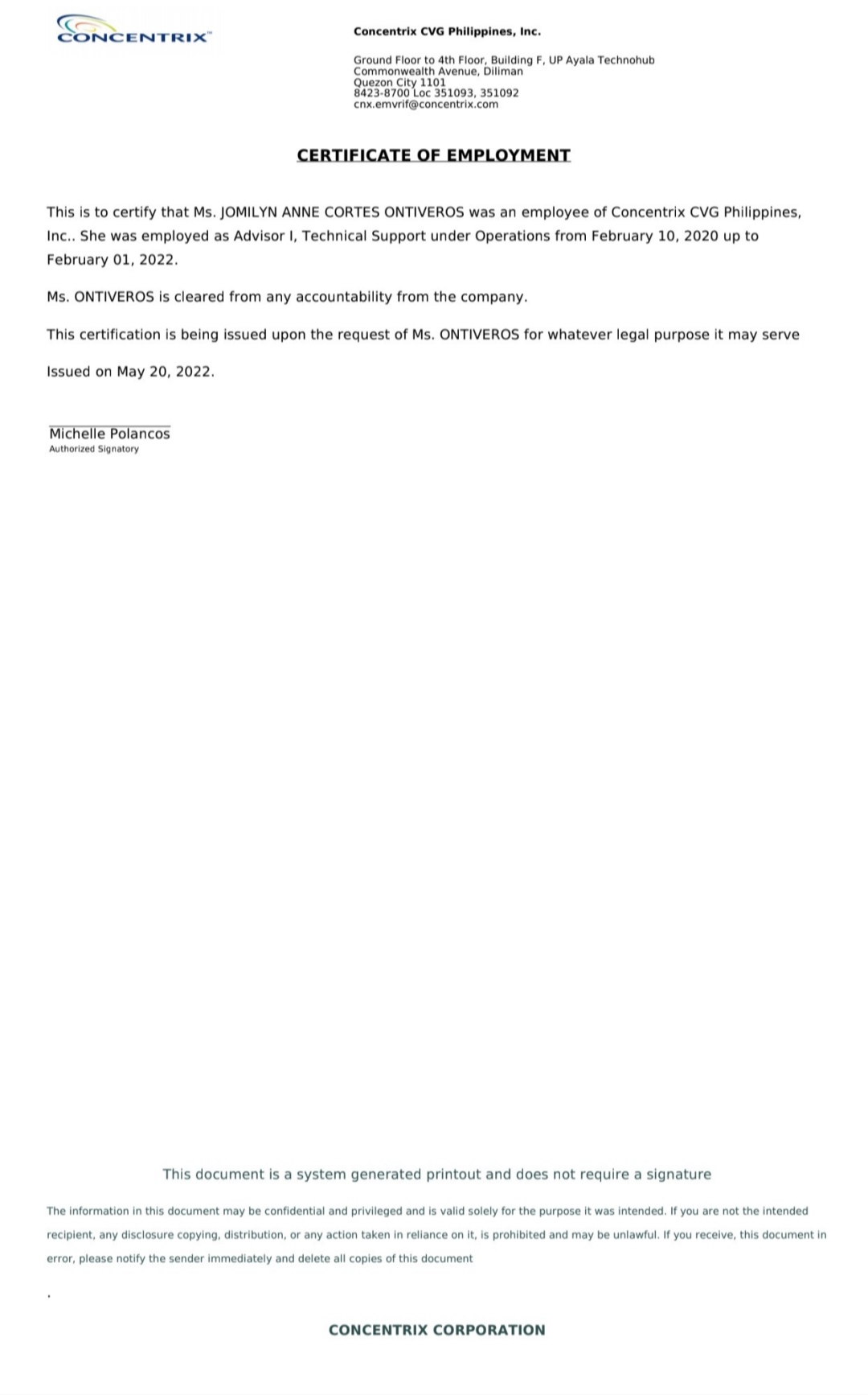 Concentrix Employment Certificate