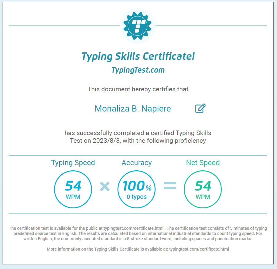 Typing Test Certificate