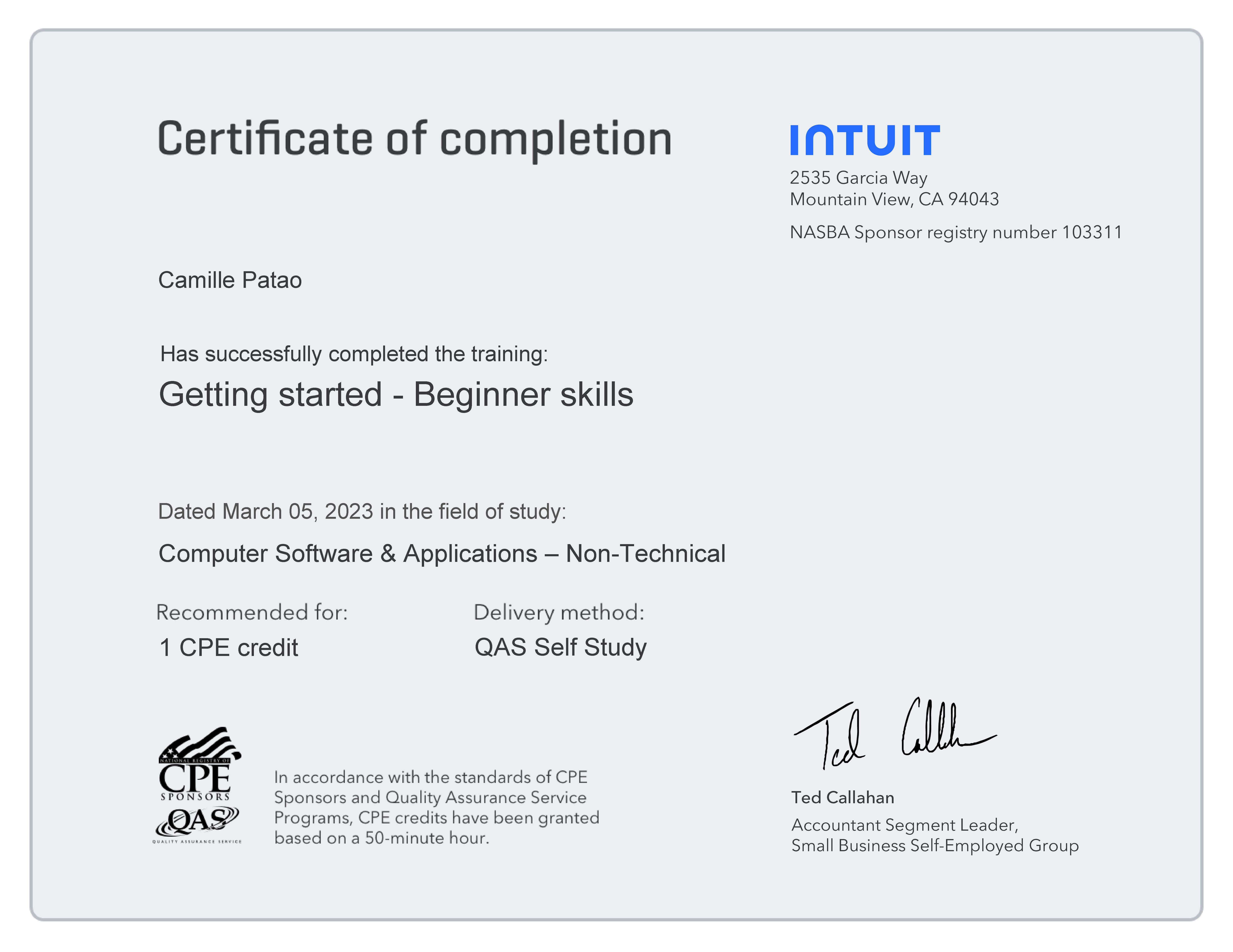 Intuit Certificate for Beginner Skills
