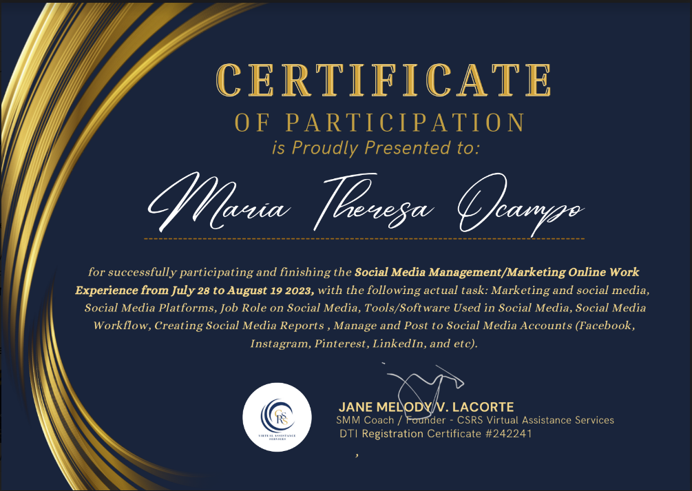 Social Media  Manager Internship Certificate