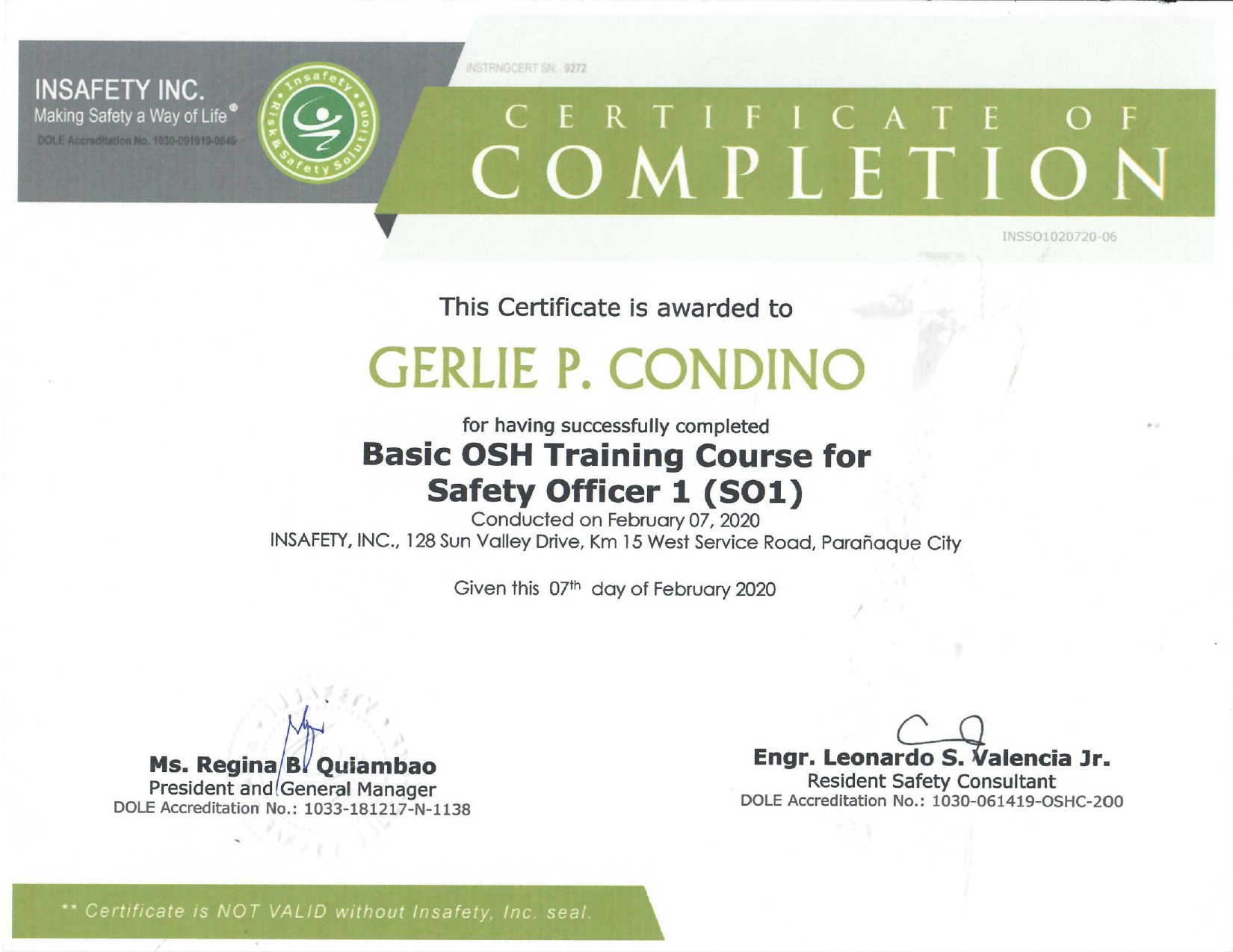 Occupation Safety and Health - Safety Officer 1