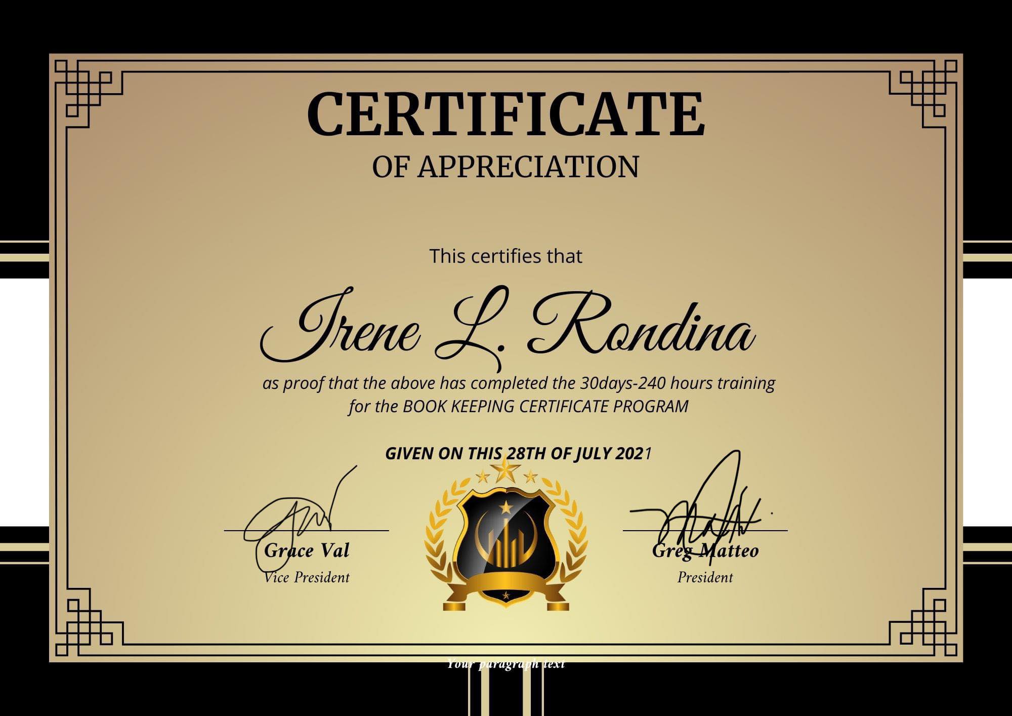 Book keeping Certificate