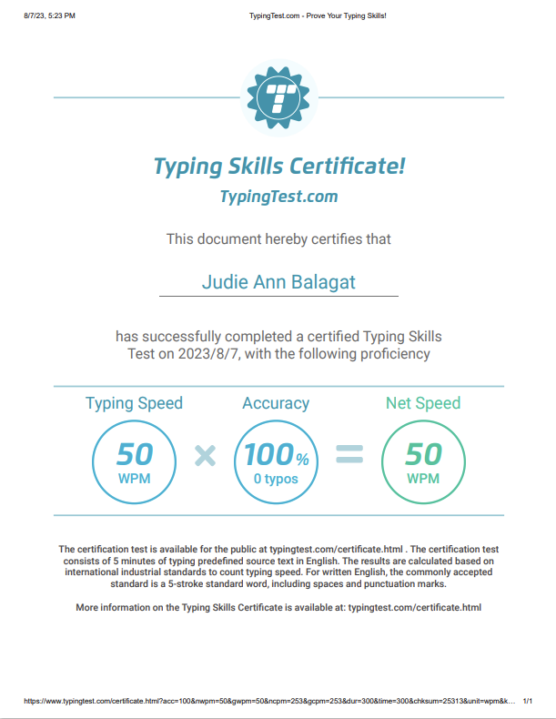 TYPING TEST CERTIFICATE