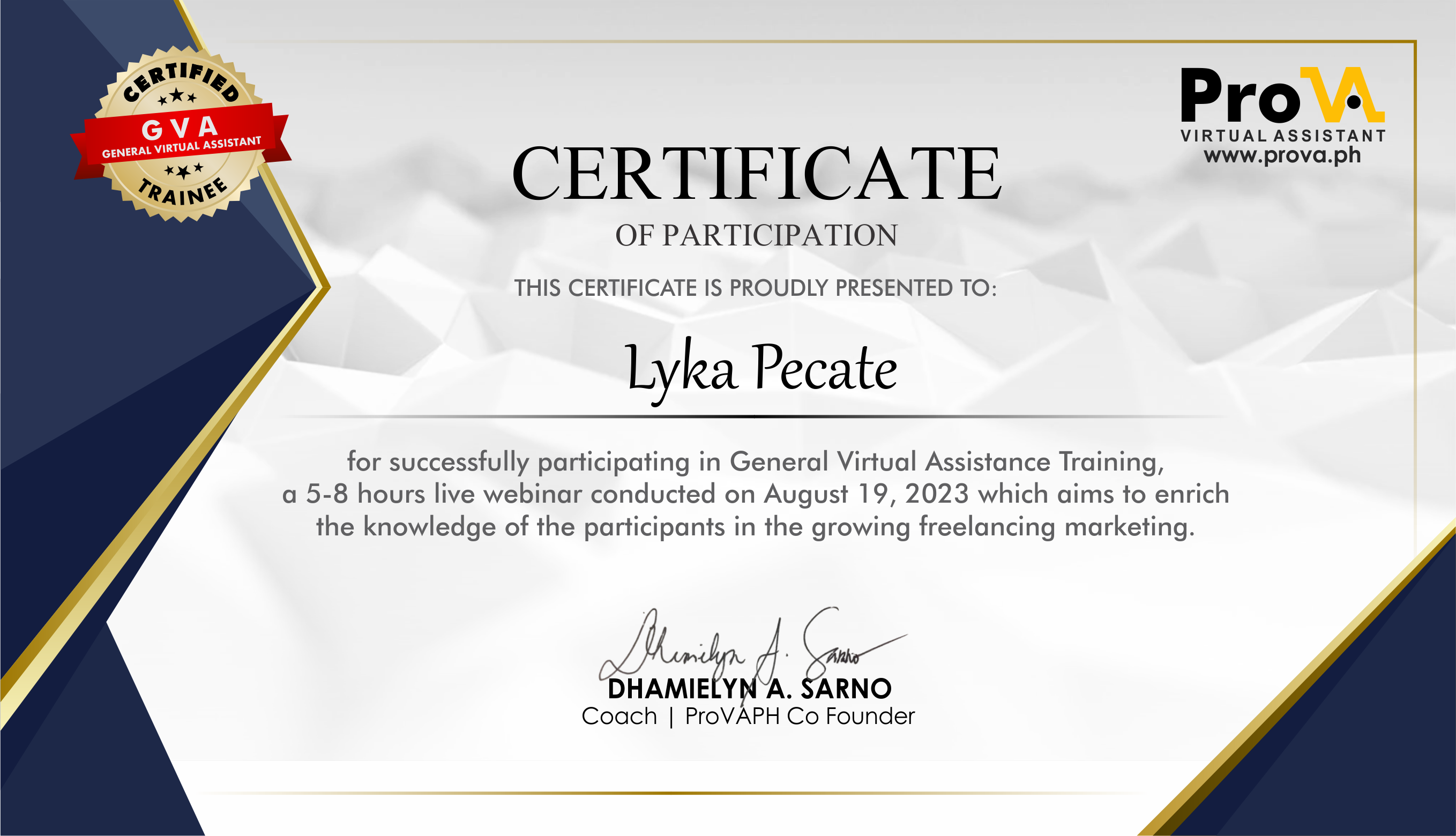 ProVa General Virtual Assistant Training Certificate