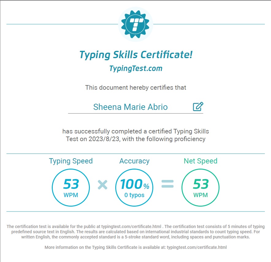 TYPING SKILLS (TYPING SCORE CERTIFICATE)