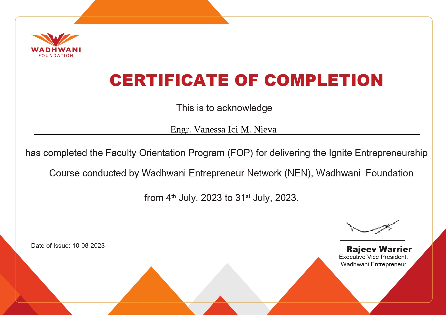 Wadhwani Entrepreneur Educator Certificate