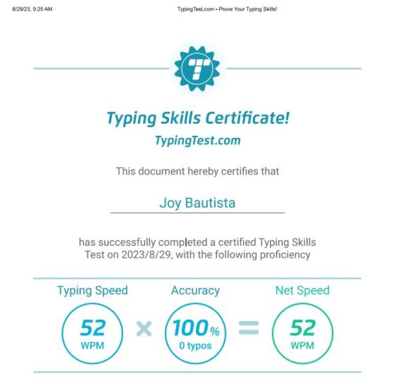 TYPING TEST CERTIFICATE