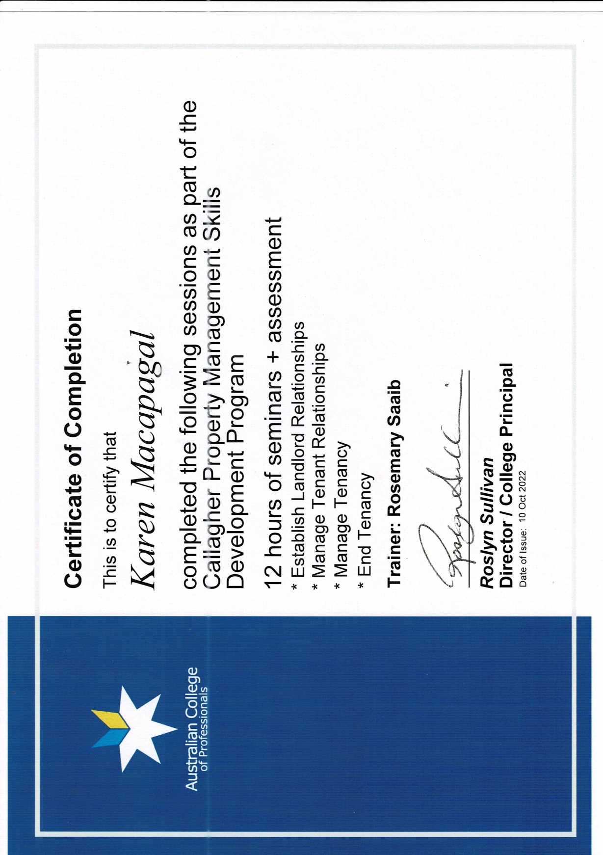 Property Management Skills Development Program Certificate