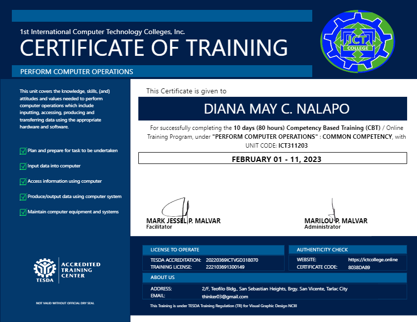 Perform Computer Operation Certificate