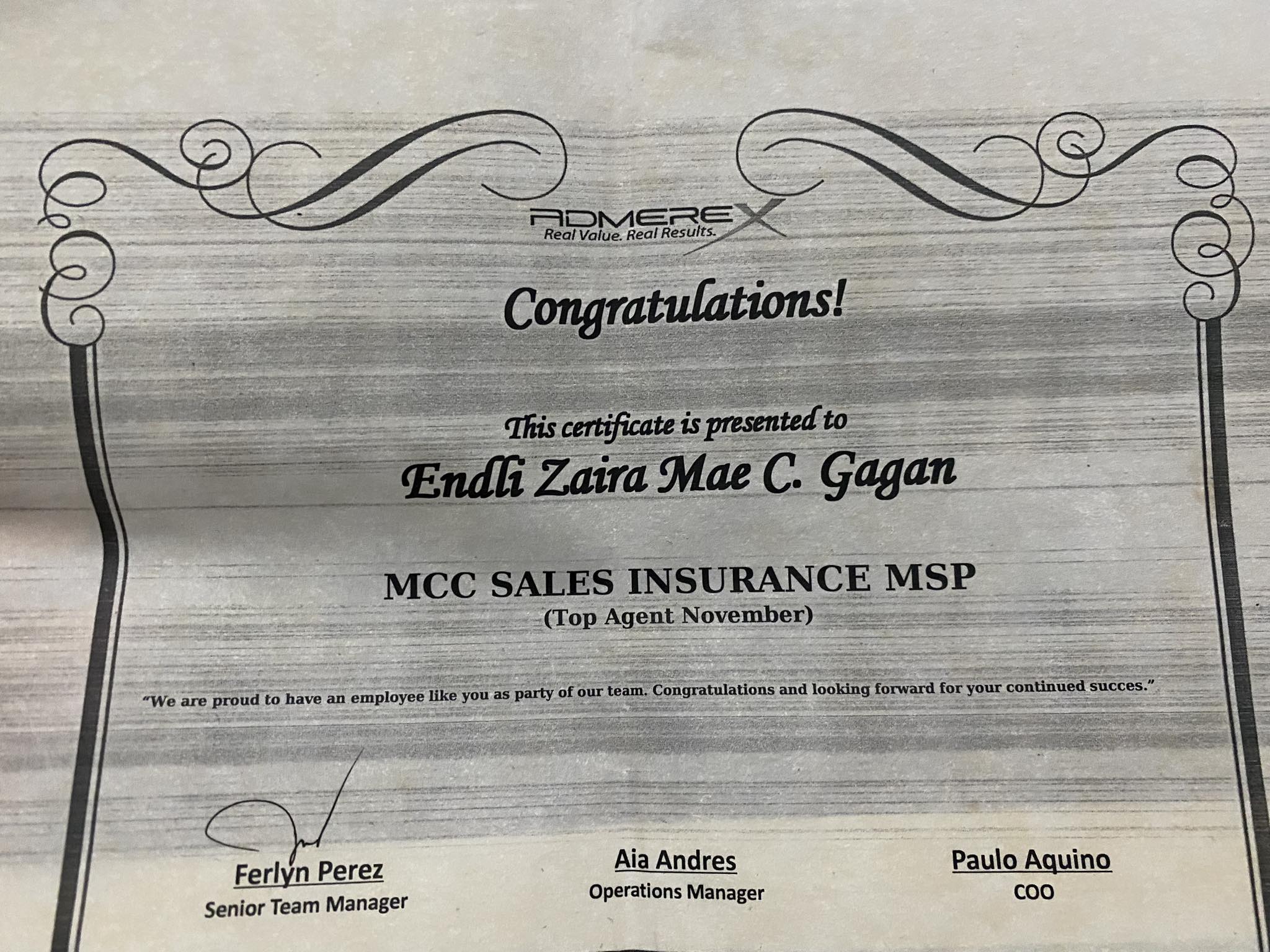 Metrobank card top agent of the month certificate