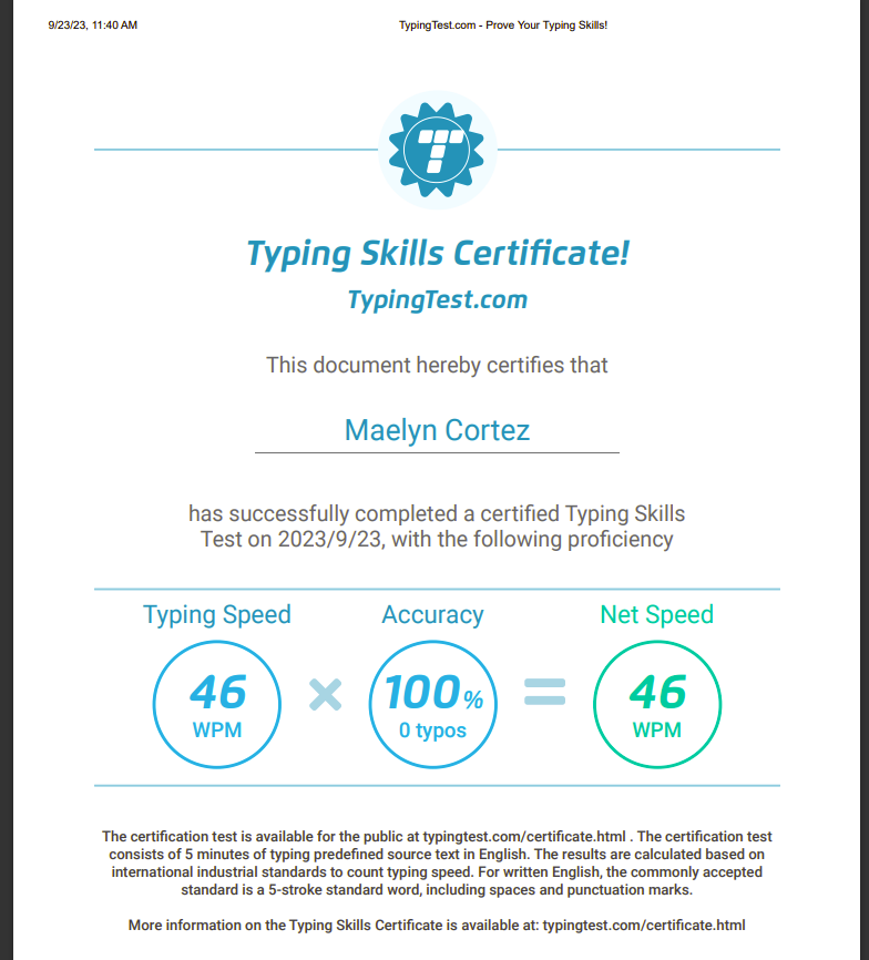 Typing Skills Certificate