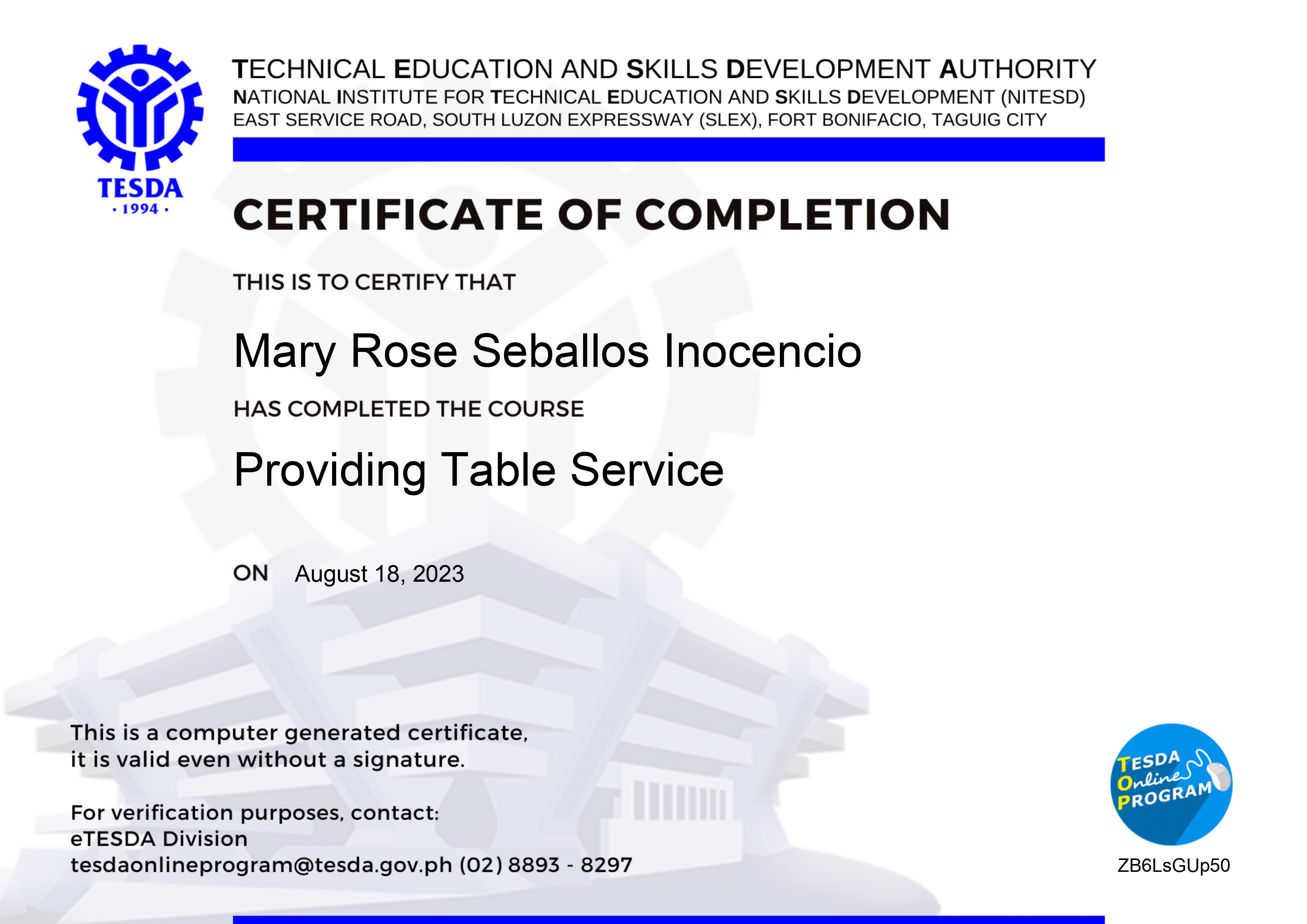 Providing Table Service (Tesda)