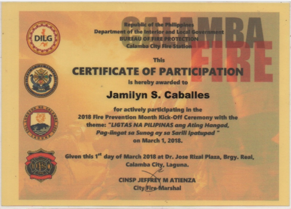 Certificate 2018 Fire Prevention