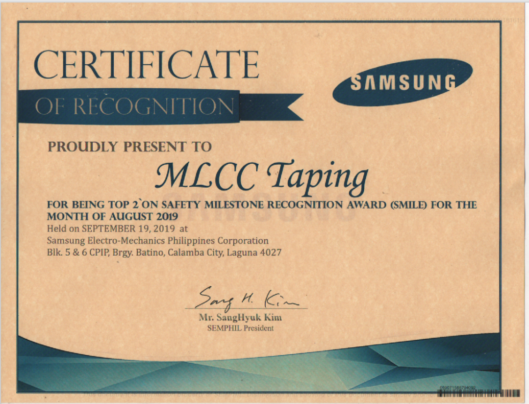 TOP 2 MLCC Taping Safety Milestone Award Aug. 2019