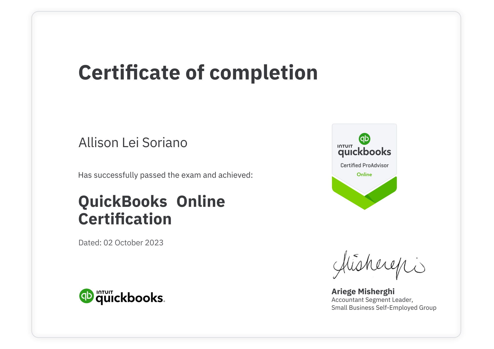 Certified Quickbooks Online ProAdvisor