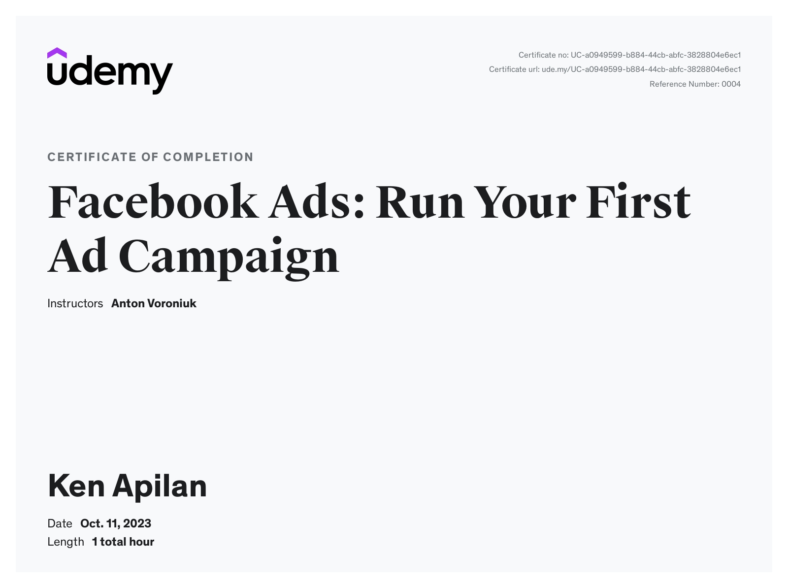 FACEBOOK ADS CERTIFICATE