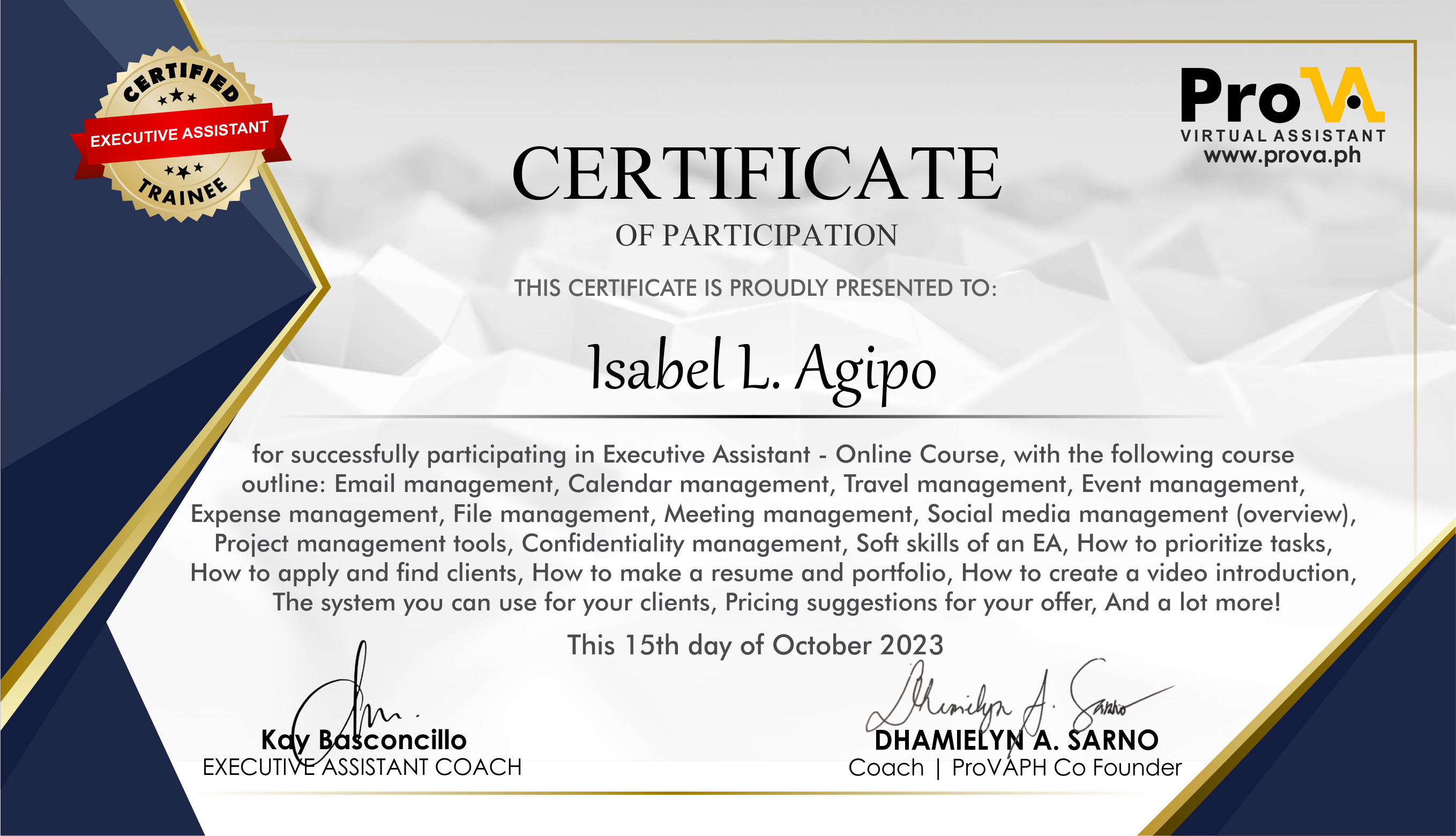 CERTIFICATE OF PARTICIPATION- EXECUTIVE ASSISTANT ONLINE COURSE