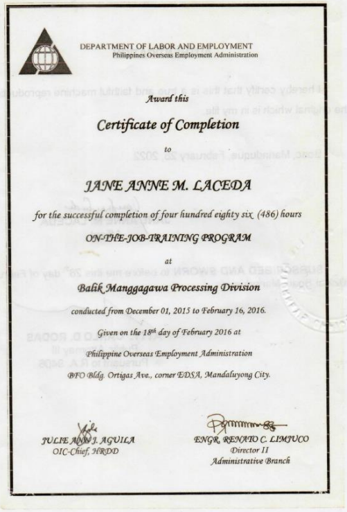 OJT Certificate (POEA)