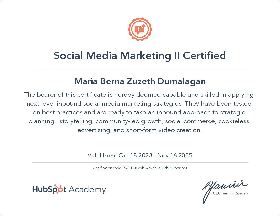 SOCIAL MEDIA MARKETING II CERTIFIED by HubSpot Academy