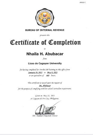 Bureau of Internal Revenue - Completion of Internship