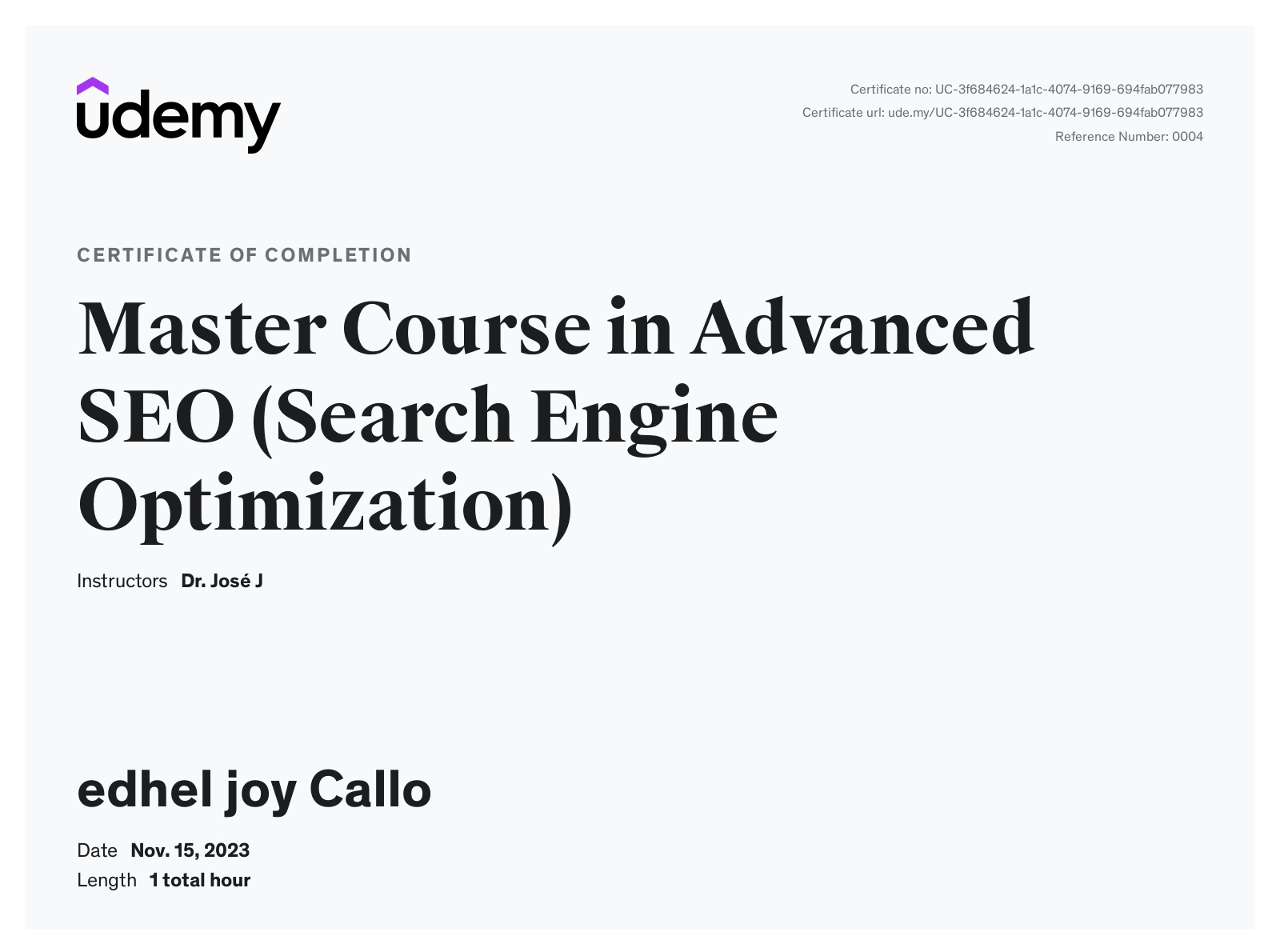 Udemy Certificate-Master Course in Advanced SEO