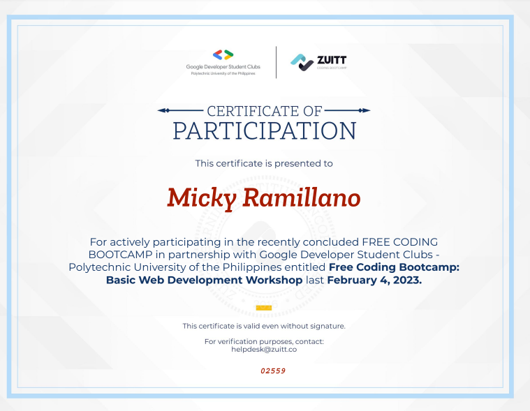 Basic Web Development Workshop Certificate