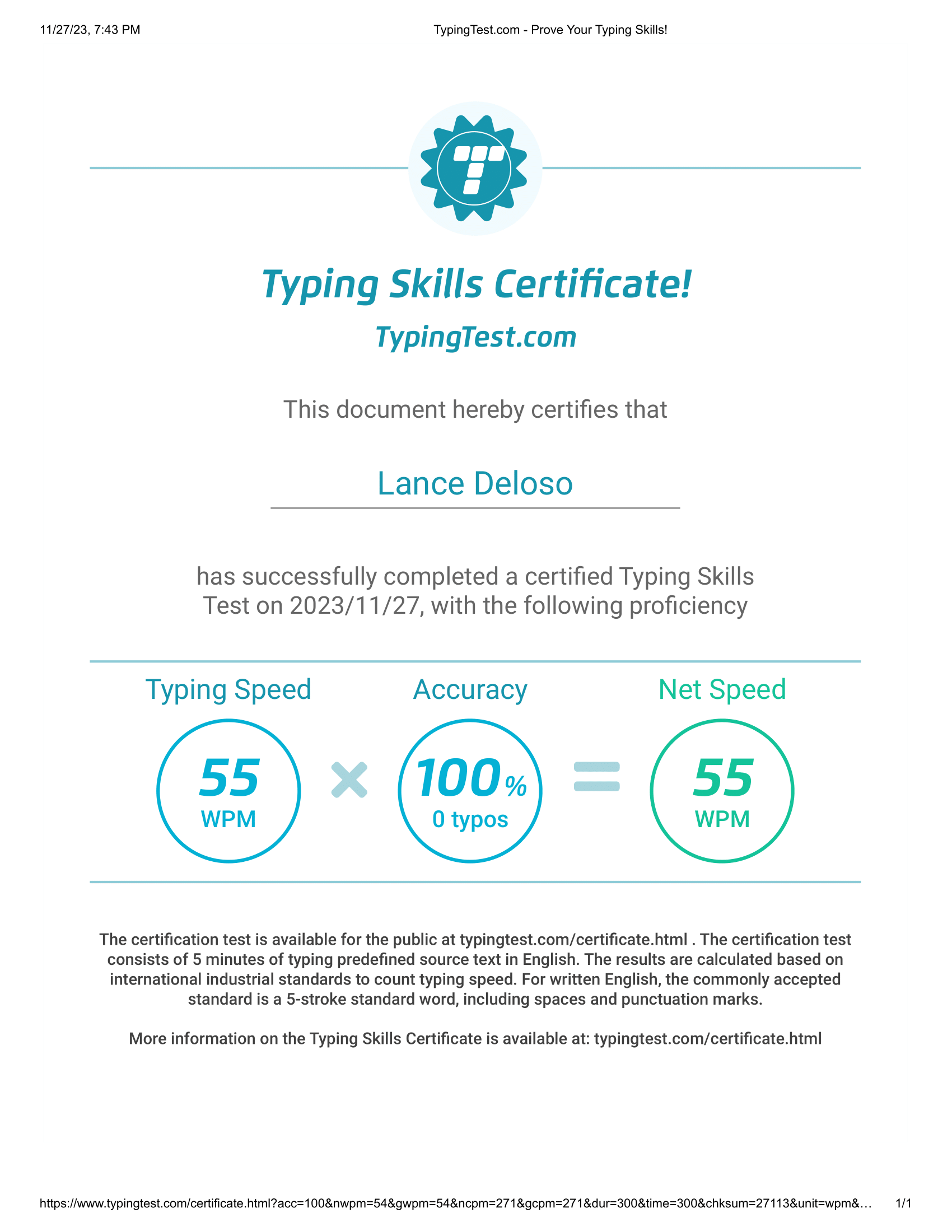 Typing test result
