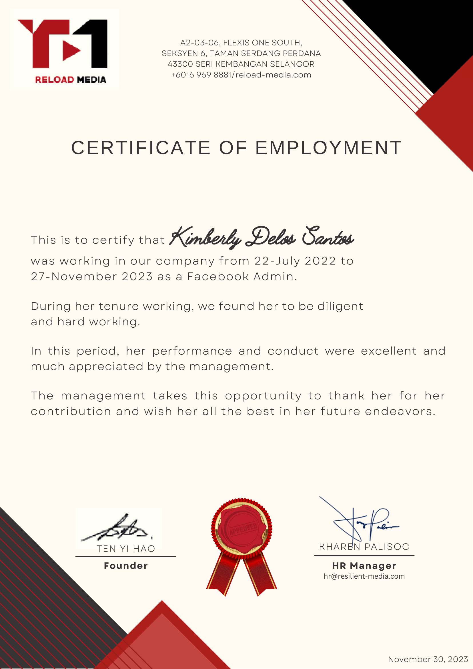 Facebook Admin (Certificate of Employment)