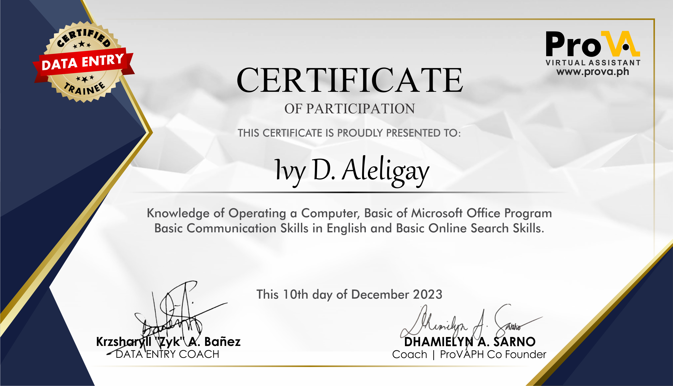 Data Entry Certificate