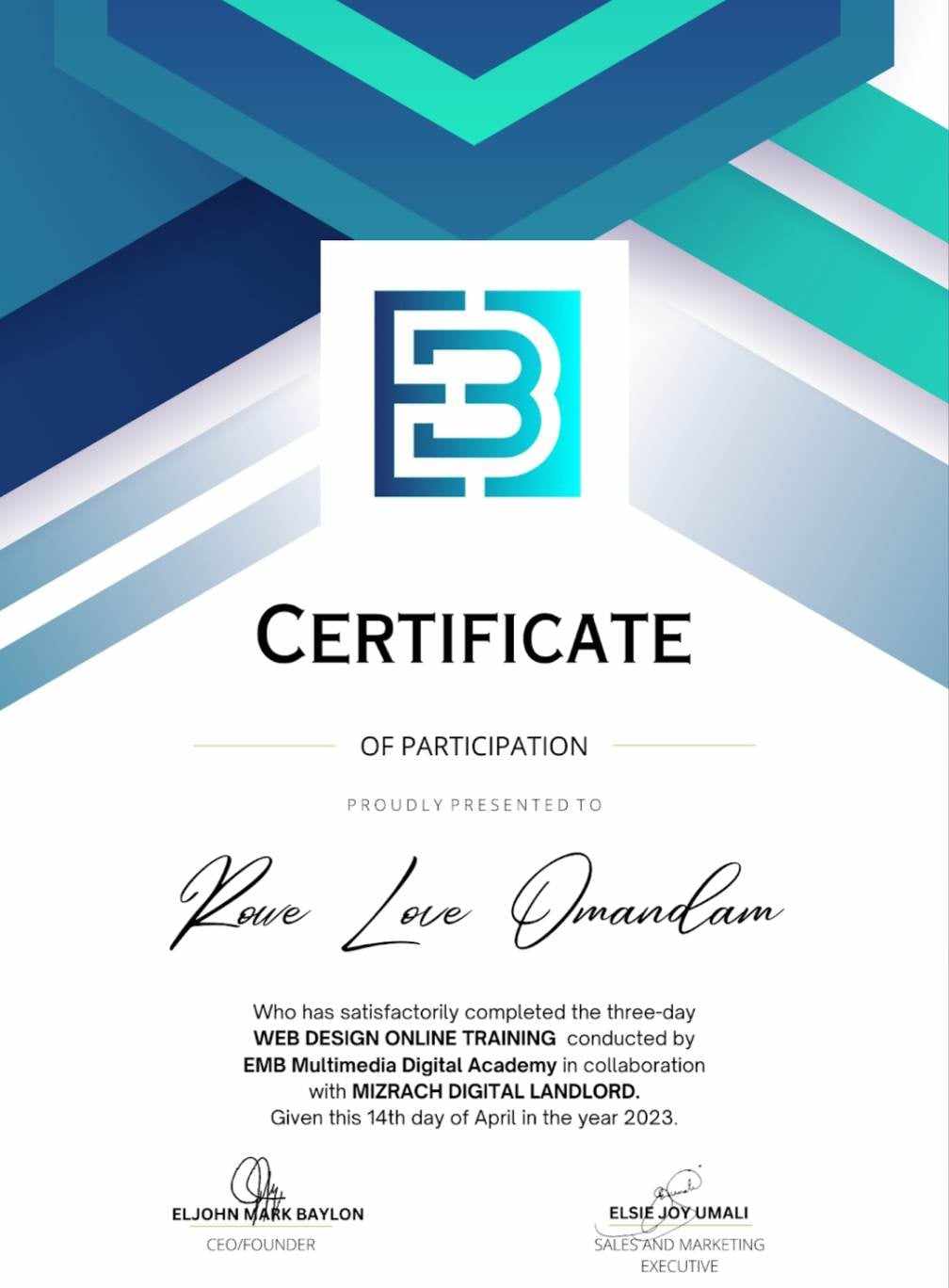 EMB WEB DESIGN TRAINING CERTIFICATE