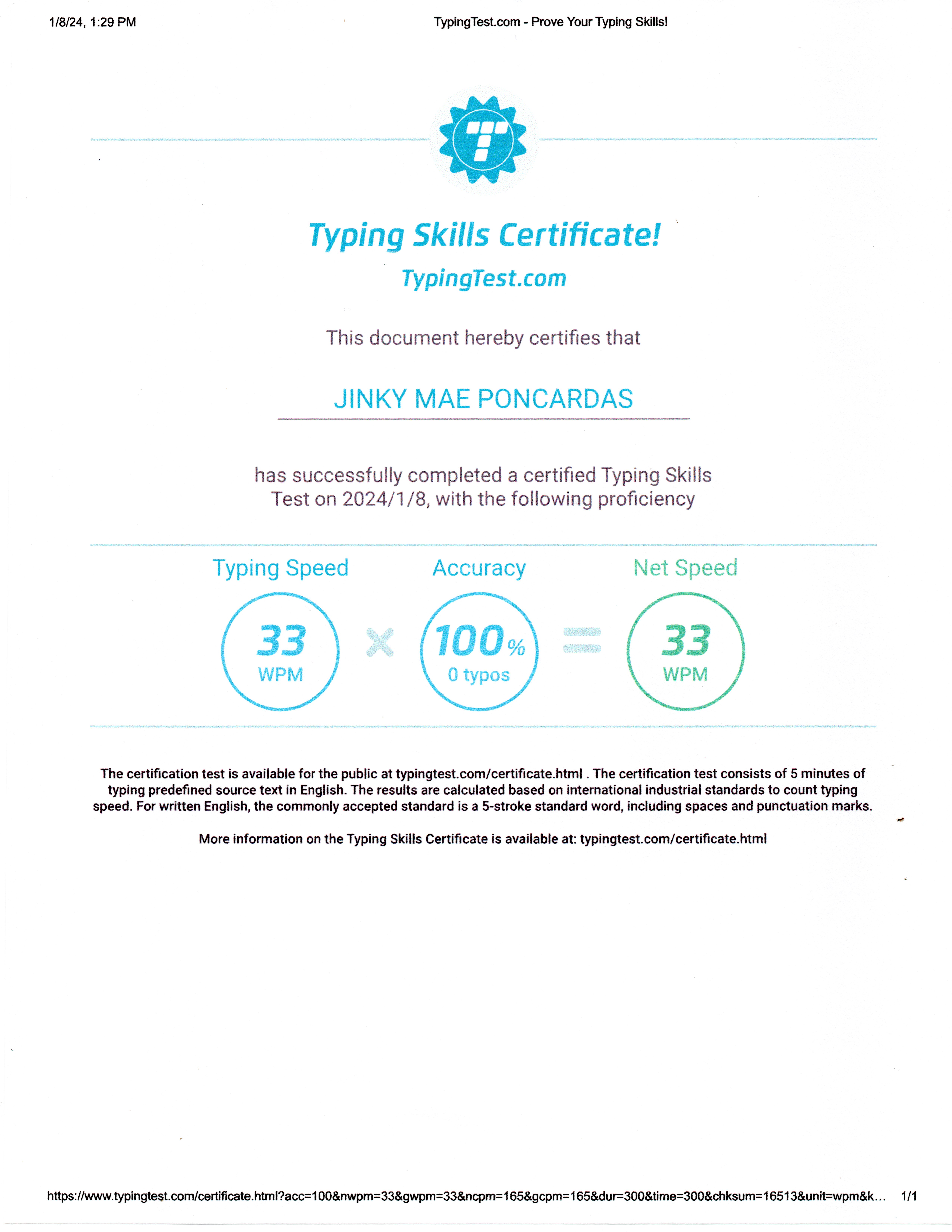 Typing Skills Certificate